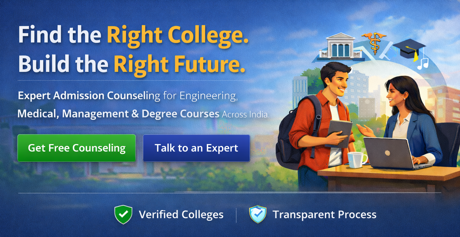 Advertisement for educational counseling services with two students and a college building in the background.